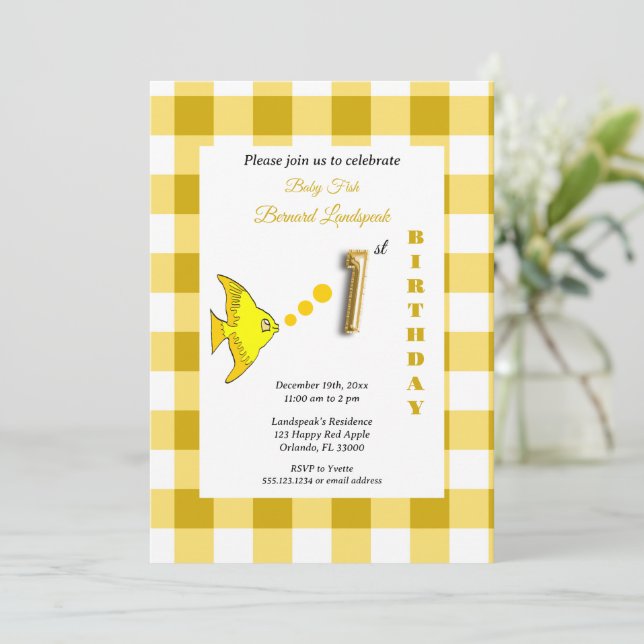 Convites Balão de Peixe em Gingham Amarelo com Folha Dourad (Em pé/Frente)