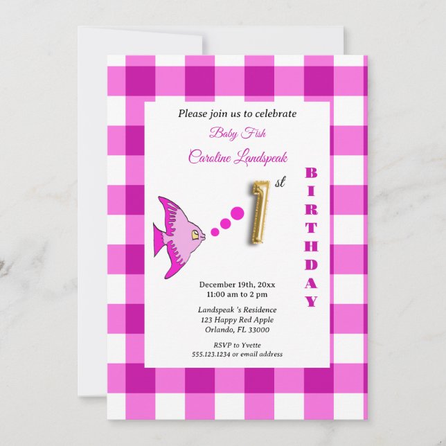 Convites Balão de Peixe em Gingham Rosa com Folha Dourada p (Frente)