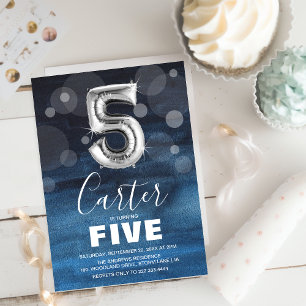 Convites Balão de Prata de Quinto Aniversário  Parte Azul
