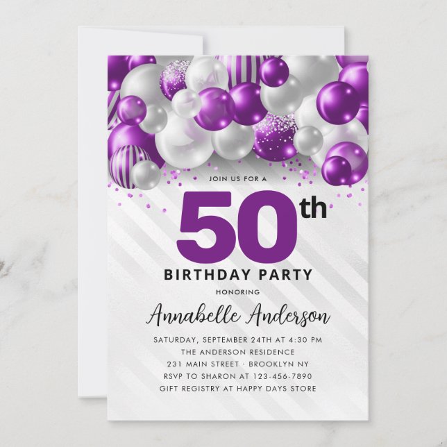 Convites Balão de Prata Violeta Roxo Brilhante 50º Aniversá (Frente)