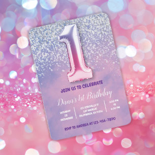Convites Balão de primeiro aniversario roxo e rosa