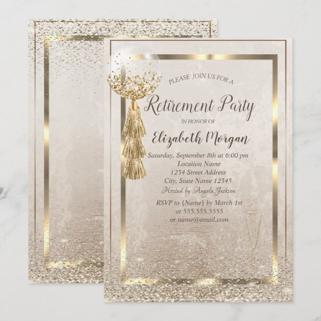 Convites Balão de Quadro Dourado,Retenção de Confetti de Vi (Frente/Verso)