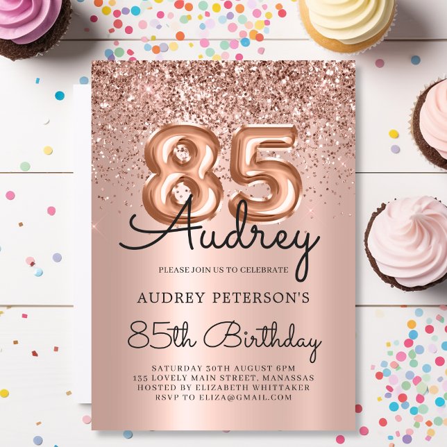 Convites Balão-de-relâmpago de Rosa Dourado 85.o aniversári (Criador carregado)