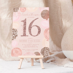 Convites Balão de rosa com brilho dourado com blush Sweet 