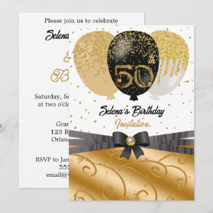 Convites Balão de Seda Preto e Dourado para Aniversário de
