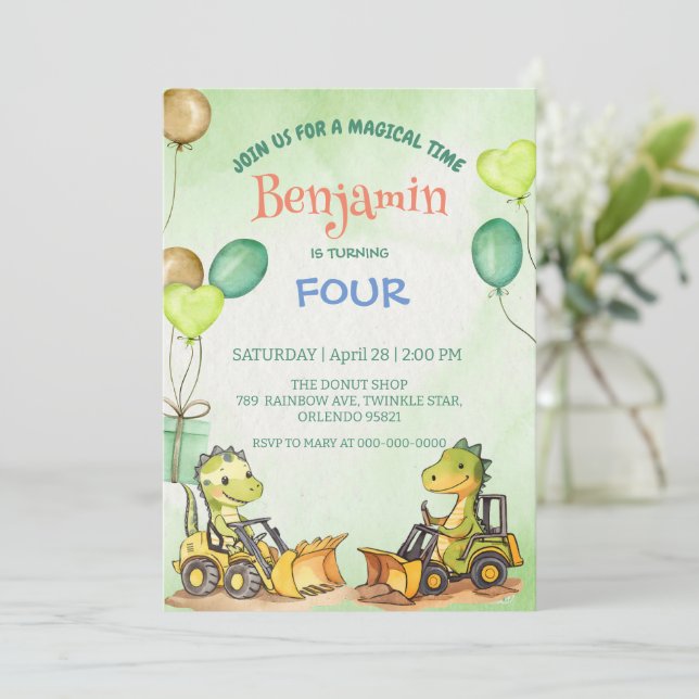 Convites Balão de trator escavador de dinossauro bonito Ani (Em pé/Frente)