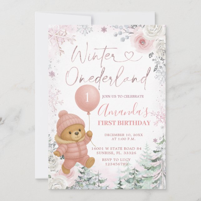 Convites Balão de Urso Rosa Pastel Inverno Onederland (Frente)