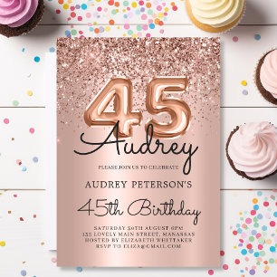 Convites Balão Dourado com Rosa de brilho 45.o aniversário