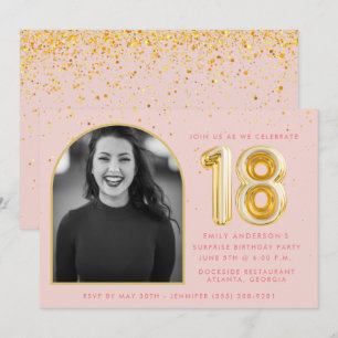 Convites Balão Dourado de Aniversário de 18 Anos Rosa Femin