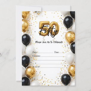 Convites Balão Dourado e Negro 50º Aniversário do Elegante