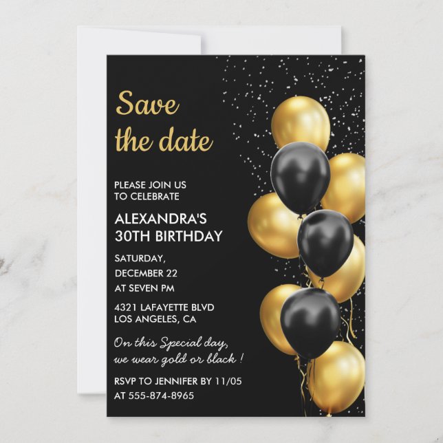 Convites Balão Elegante Preto e Dourado para Salvar a Data  (Frente)