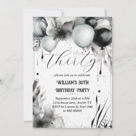 Convites Balão Floral aniversário de 30 anos preto-e-branco