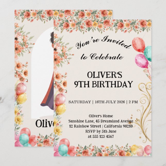 Convites Balão Floral de Aniversário (Frente/Verso)