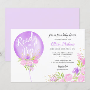 Convites Balão floral roxo pronto para o chá de fraldas