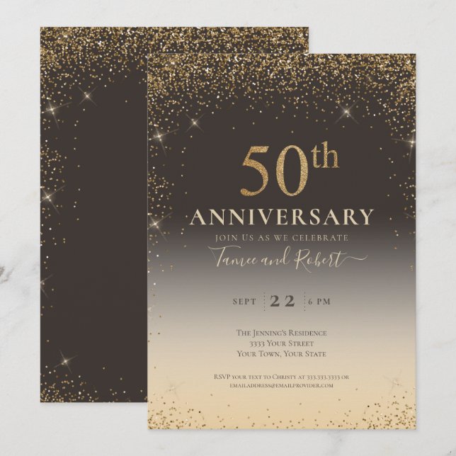 Convites Balão Glitter Dourado Elegante 50º Aniversário (Frente/Verso)