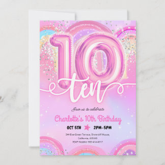 Convites Balão Pastel Rosa Aniversário de 10 anos