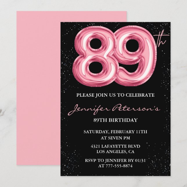 Convites Balão Preto Rosa Glam 89º aniversário (Frente/Verso)