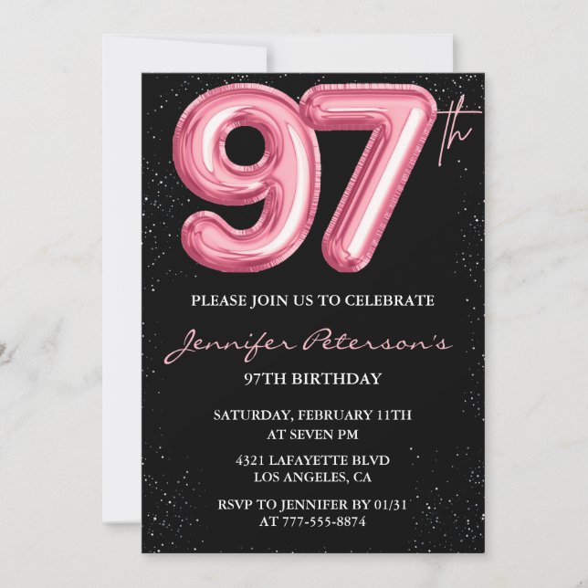 Convites Balão Preto Rosa Glam aniversário de 97 anos (Frente)