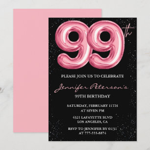 Convites Balão Preto Rosa Glam aniversário de 99 anos