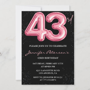 Convites Balão Preto Rosa Glam Glitter 43º aniversário