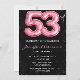 Convites Balão Preto Rosa Glam Glitter 53º aniversário