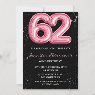Convites Balão Preto Rosa Glam Glitter 62º aniversário