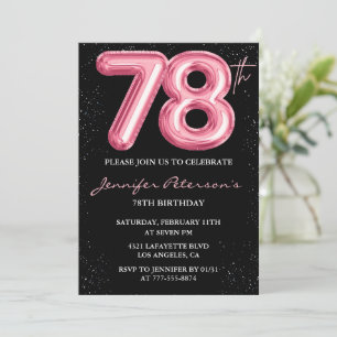 Convites Balão Preto Rosa Glam Glitter 78º aniversário