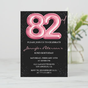 Convites Balão Preto Rosa Glam Glitter 82º aniversário
