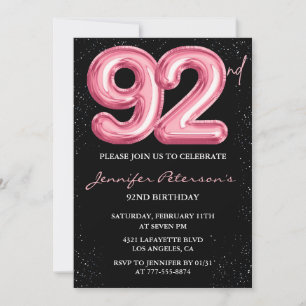 Convites Balão Preto Rosa Glam Glitter 92º aniversário