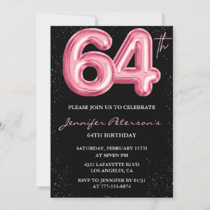Convites Balão Preto Rosa Glam Glitter Aniversário 64 anos