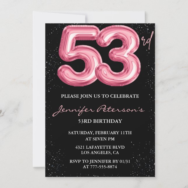 Convites Balão Preto Rosa Glam Glitter Aniversário de 53 an (Frente)