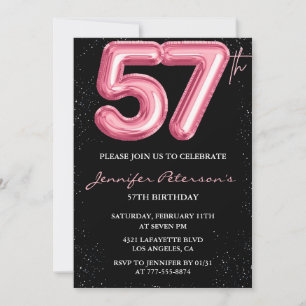 Convites Balão Preto Rosa Glam Glitter Aniversário de 57 an