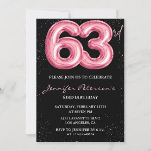 Convites Balão Preto Rosa Glam Glitter Aniversário de 63 an