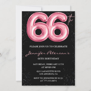 Convites Balão Preto Rosa Glam Glitter Aniversário de 66 an