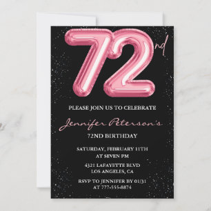 Convites Balão Preto Rosa Glam Glitter Aniversário de 72 an