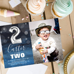 Convites Balão segundo aniversário Prata   Blue Photo Party