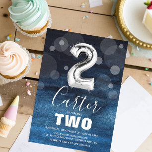 Convites Balão segundo aniversário Prata Partido Azul