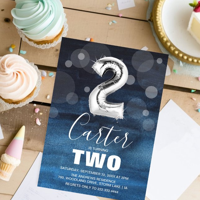 Convites Balão segundo aniversário Prata | Partido Azul (Criador carregado)