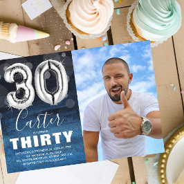 Convites Balão Silver de 30 de aniversário | Blue Photo Par