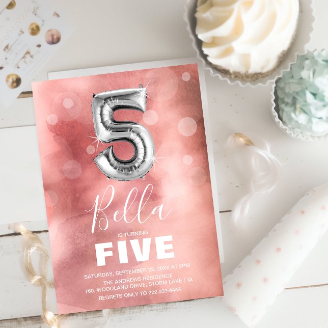 Convites Balão Silver no Quinto Aniversário | Festa rosa (Criador carregado)