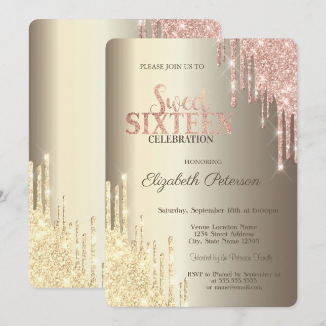 Convites Balão Sweet 16 Dourado Champagne com Efeito Glitte (Frente/Verso)