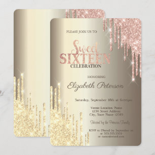 Convites Balão Sweet 16 Dourado Champagne com Efeito Glitte