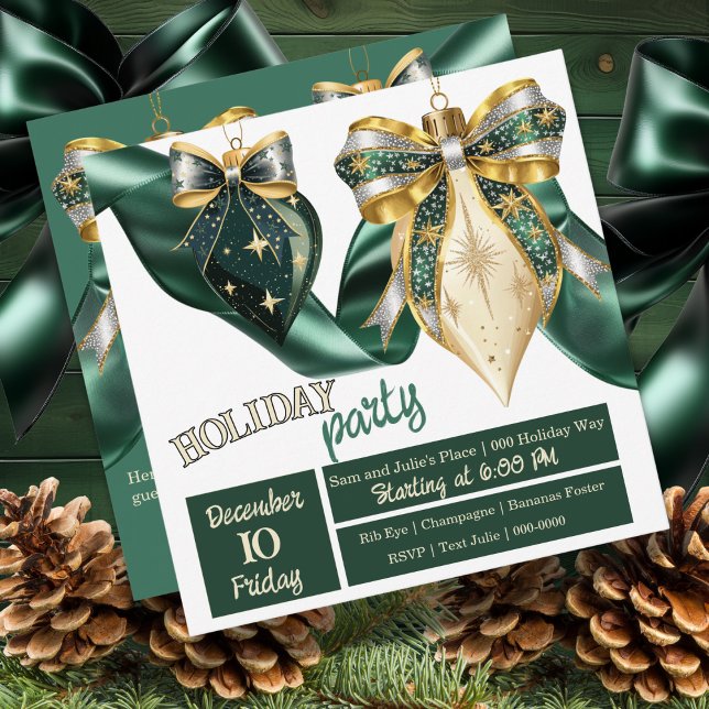 Convites Balas de Férias Douradas e Verdes a Frio com Fita (Bold Christmas baubles on your holiday party invite in pretty gold and green )