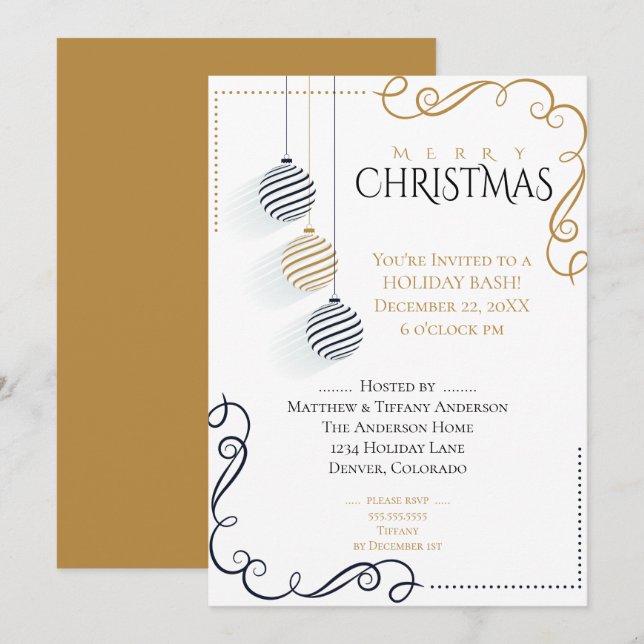 Convites Balas de férias mínimas Douradas e pretas modernas (Frente/Verso)