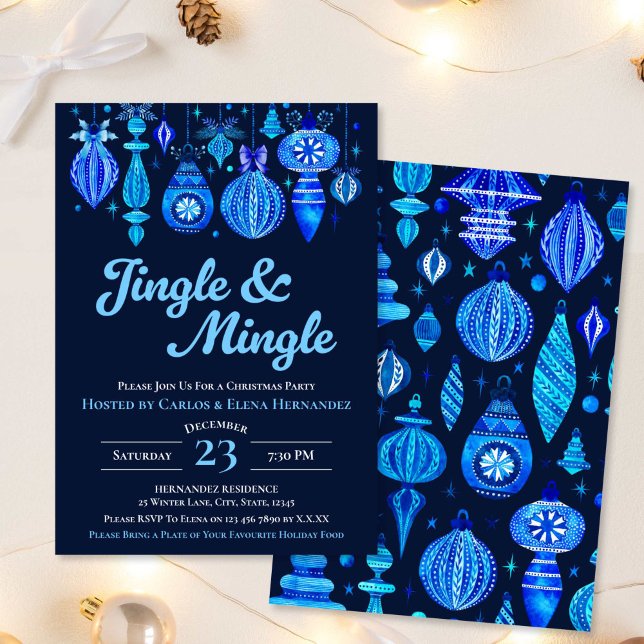 Convites Balas de Natal do Marinho Jingle & Mingle (Jingle & Mingle Navy Christmas Baubles Watercolor Invitation)