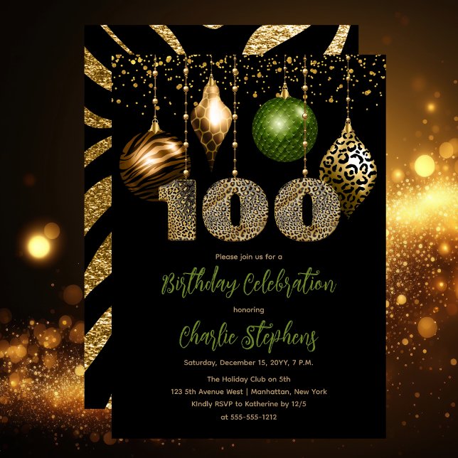 Convites Balas de pele de animais tropicais 100ª Festa de a (Glamorous Tropical Animal Print Baubles 100th Birthday Party Invitation in Black, Gold & Olive Green)