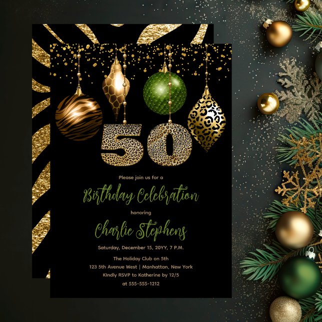 Convites Balas de pele de animais tropicais 50ª Festa de an (Glamorous Tropical Animal Print Baubles 50th Birthday Party Invitation in Black, Gold & Olive Green)