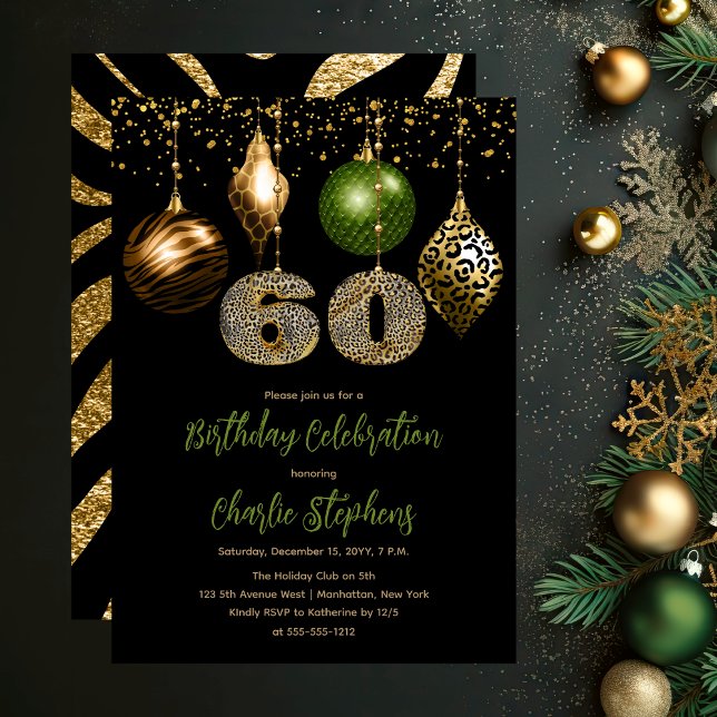 Convites Balas de pele de animais tropicais 60ª Festa de an (Glamorous Tropical Animal Print Baubles 60th Birthday Party Invitation in Black, Gold & Olive Green)