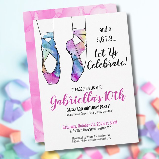 Convites Balé Ballerina Festa de aniversário (Ballerina Watercolor Ballet Girls 10th Birthday Invitation)