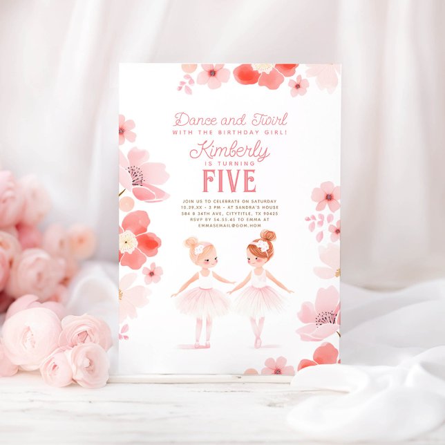 Convites Balé bonito Ballerinas Festa de aniversário Floral (Ballerina Pretty Birthday Invitations)